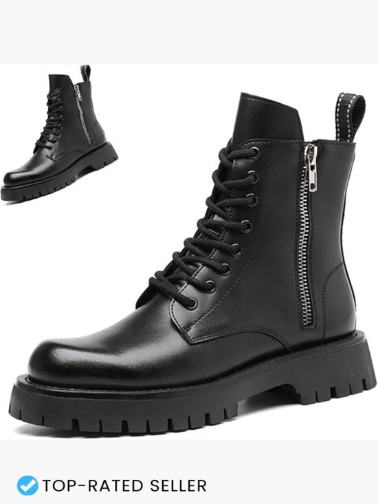 Men\'s Black Leather Platform Lace-up Combat Boots with Side Zipper Retro Round